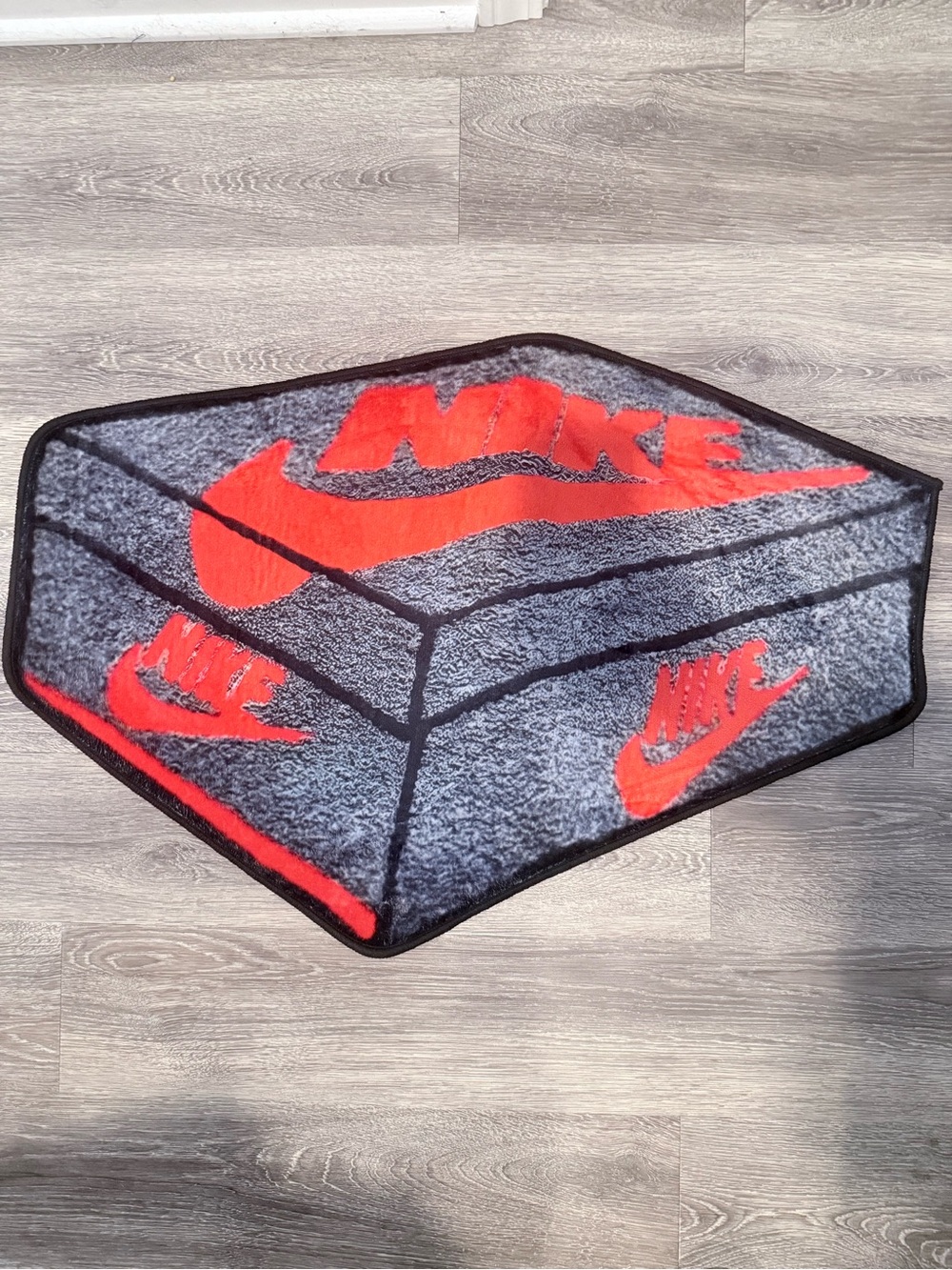 Nike Shoe Box Rug Fuzzy Plush Red Black Gray Swoosh Graphic Floor Mat 32x20